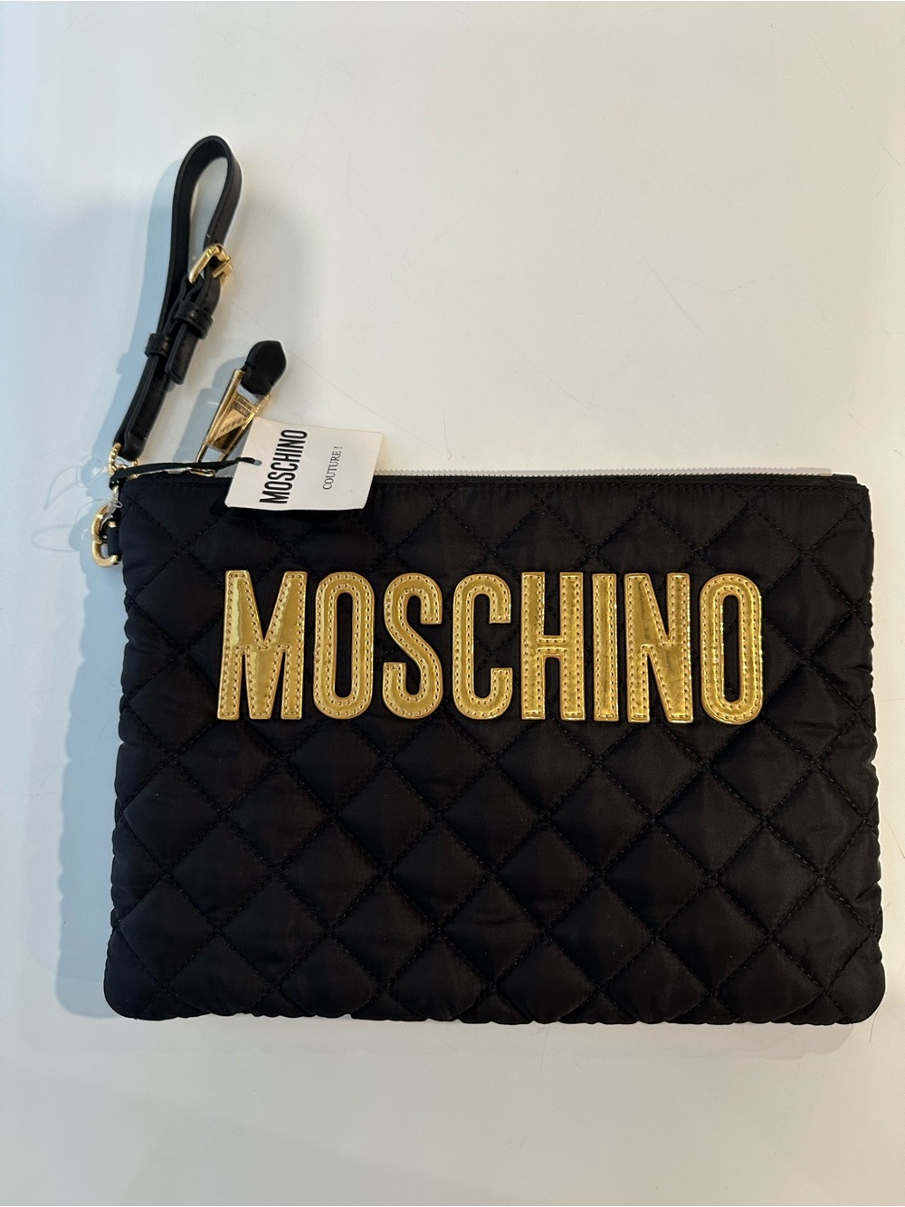 Moschino Black Quilted Wristlet with Gold Logo